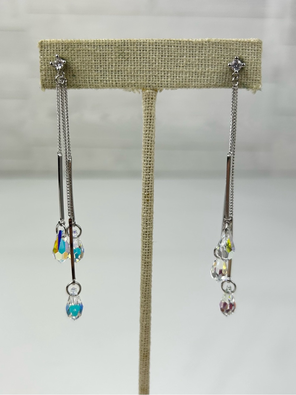 AB Crystal Drop Earrings - Silver with Iridescent Crystals and Rhinestones